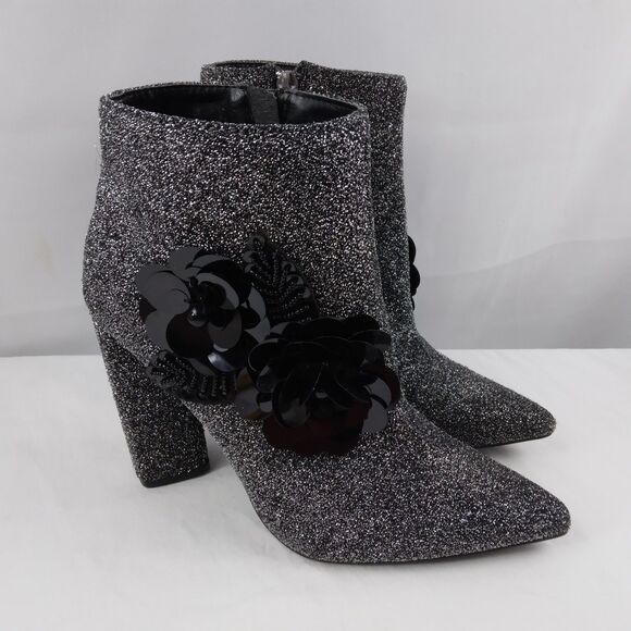 Qupid Shoes - Qupid Bootie Black Silver Sparkly Embellished Elegant Point Toe Ankle Women's 8